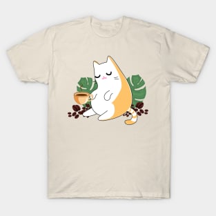Ginger persian orange cute cat drinking coffee surrounded by leaves and beans of coffee T-Shirt